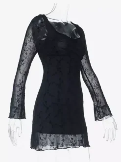 Robe moulante mini en dentelle florale vintage pour femme - Sexy transparente manches longues col carré - Esthétique Coquette idéale pour un rendez-vous printanier 2026