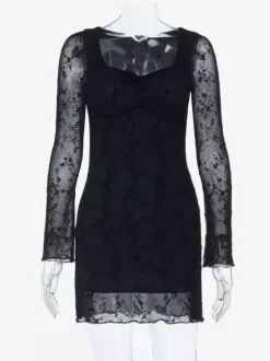 Robe moulante mini en dentelle florale vintage pour femme - Sexy transparente manches longues col carré - Esthétique Coquette idéale pour un rendez-vous printanier 2026
