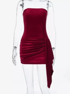 Robe moulante mini en velours froncé pour femme - Rouge sans bretelles ceinture drapée sur le côté - Tenue de cocktail printemps-été 2026