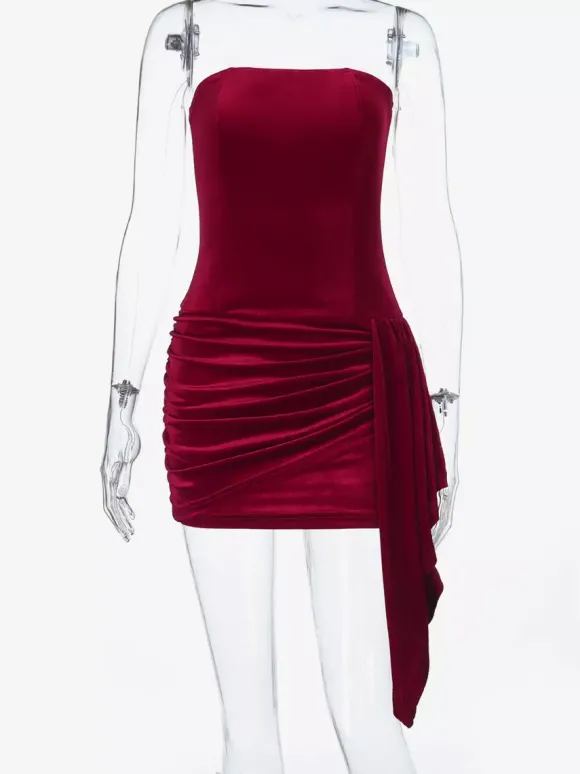 Robe moulante mini en velours froncé pour femme - Rouge sans bretelles ceinture drapée sur le côté - Tenue de cocktail printemps-été 2026
