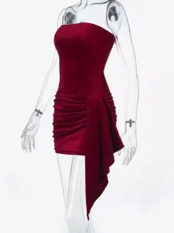 Robe moulante mini en velours froncé pour femme - Rouge sans bretelles ceinture drapée sur le côté - Tenue de cocktail printemps-été 2026