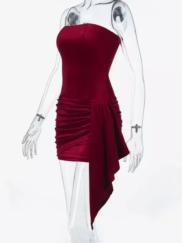 Robe moulante mini en velours froncé pour femme - Rouge sans bretelles ceinture drapée sur le côté - Tenue de cocktail printemps-été 2026
