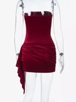 Robe moulante mini en velours froncé pour femme - Rouge sans bretelles ceinture drapée sur le côté - Tenue de cocktail printemps-été 2026