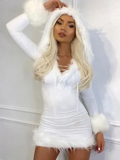 Robe Moulante Noël à Capuche avec Manches Longues Coupe Cintrée Unicolore