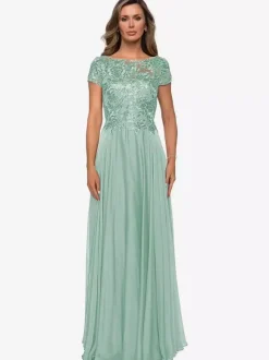 Robe mère à col bijou manches courtes ligne a robes d'invitées de mariage en dentelle