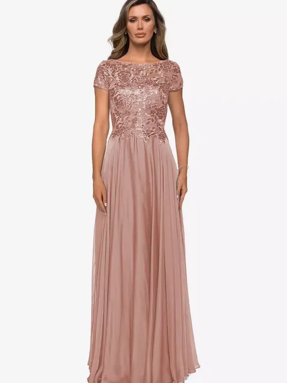 Robe mère à col bijou manches courtes ligne a robes d'invitées de mariage en dentelle