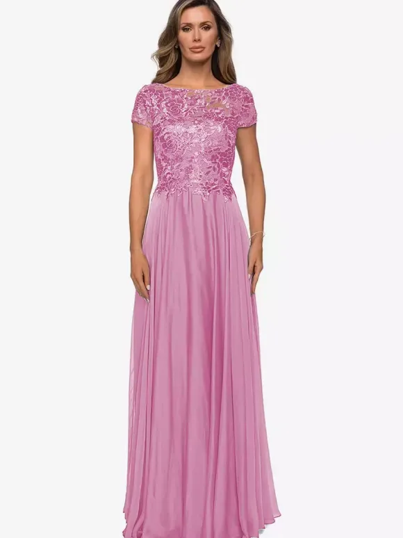 Robe mère à col bijou manches courtes ligne a robes d'invitées de mariage en dentelle
