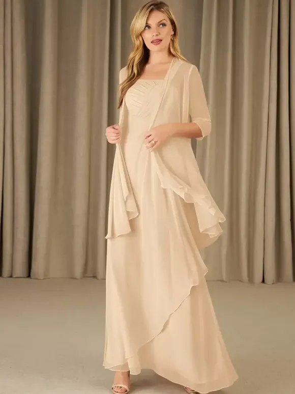 Robe mère à col carré demi-manches deux pièces robes d'invitées appliquées pour mariage