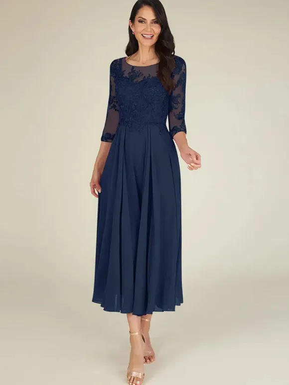 Robe mère col bijou manches 3/4 longueur A-ligne dentelle longueur au sol robes d'invité pour mariage personnalisation gratuite