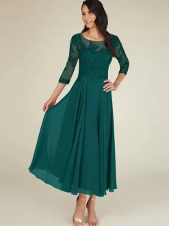 Robe mère col bijou manches 3/4 longueur A-ligne dentelle longueur au sol robes d'invité pour mariage personnalisation gratuite