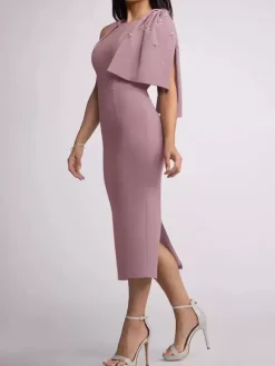 Robe mère de la mariée à col bijou sans manches fourreau n艙uds longueur thé robes d'invitées de mariage