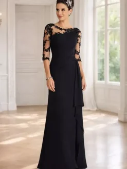 Robe mère de la mariée noir en mousseline de soie moulante longues robes d'invité de mariage Cadeau pour maman