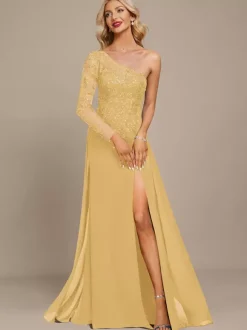 Robe mère une épaule manches longues robe de bal à paillettes robes d'invitées pour mariage