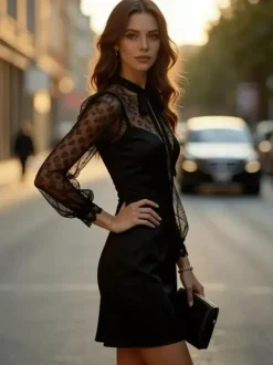 Robe noire élégante mini en dentelle à manches longues bouffantes et col rond idéale pour une soirée romantique.