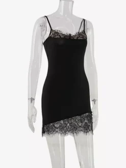 Robe nuisette à bordure en dentelle pour femme - Robe moulante mini noire sans manches style années 2000 - Tenue de soirée estivale 2026