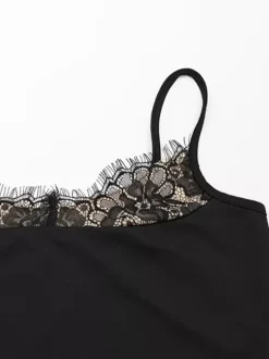 Robe nuisette à bordure en dentelle pour femme - Robe moulante mini noire sans manches style années 2000 - Tenue de soirée estivale 2026
