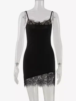 Robe nuisette à bordure en dentelle pour femme - Robe moulante mini noire sans manches style années 2000 - Tenue de soirée estivale 2026