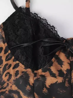 Robe nuisette courte imprimée léopard pour femme - Débardeur en dentelle marron style années 2000 coupe évasée - Idéale pour les soirées d'été en club (édition 2026)