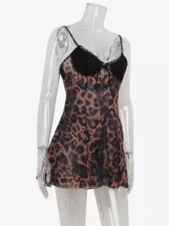 Robe nuisette courte imprimée léopard pour femme - Débardeur en dentelle marron style années 2000 coupe évasée - Idéale pour les soirées d'été en club (édition 2026)