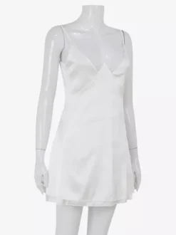 Robe nuisette en satin et dentelle pour femme - Mini-débardeur blanc sexy à bretelles spaghetti et décolleté en V - Idéale pour une soirée d'été 2026