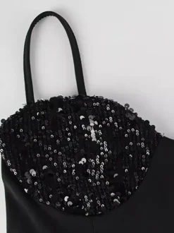 Robe nuisette midi à sequins pour femme - Robe noire élégante à bretelles spaghetti et ourlet sirène - Tenue de soirée d'été 2026