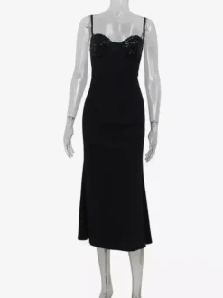 Robe nuisette midi à sequins pour femme - Robe noire élégante à bretelles spaghetti et ourlet sirène - Tenue de soirée d'été 2026