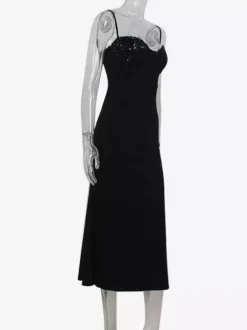 Robe nuisette midi à sequins pour femme - Robe noire élégante à bretelles spaghetti et ourlet sirène - Tenue de soirée d'été 2026