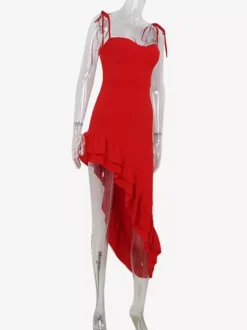 Robe nuisette rouge moulante à volants pour femme - Coupe ajustée fente haute asymétrique longue camisole - Soirée d'été 2026