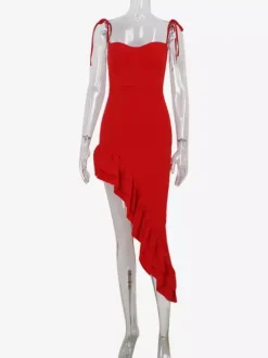Robe nuisette rouge moulante à volants pour femme - Coupe ajustée fente haute asymétrique longue camisole - Soirée d'été 2026