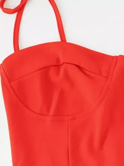 Robe nuisette rouge moulante à volants pour femme - Coupe ajustée fente haute asymétrique longue camisole - Soirée d'été 2026