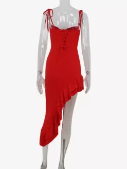 Robe nuisette rouge moulante à volants pour femme - Coupe ajustée fente haute asymétrique longue camisole - Soirée d'été 2026