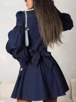 Robe patineuse en jean à manches bouffantes et boutonnée mini-robe trapèze pour femme 2026