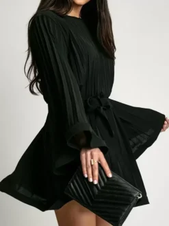 Robe Patineuses Courte Manches Longues Plissées À Lacets Robe Évasée Chic Mini Robe