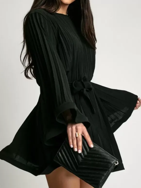 Robe Patineuses Courte Manches Longues Plissées À Lacets Robe Évasée Chic Mini Robe