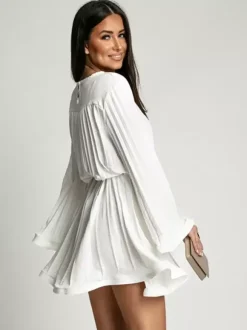 Robe Patineuses Courte Manches Longues Plissées À Lacets Robe Évasée Chic Mini Robe