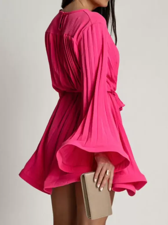 Robe Patineuses Courte Manches Longues Plissées À Lacets Robe Évasée Chic Mini Robe