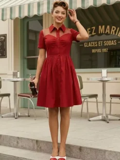 Robe pin-up rockabilly à encolure c艙ur et patchwork en résille simple boutonnage pour femme 2026