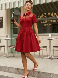 Robe pin-up rockabilly à encolure c艙ur et patchwork en résille simple boutonnage pour femme 2026