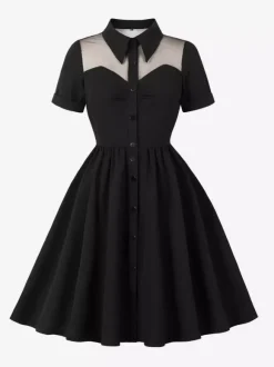 Robe pin-up rockabilly à encolure c艙ur et patchwork en résille simple boutonnage pour femme 2026