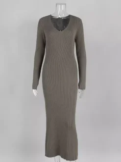 Robe pull maxi moulante à manches longues col en V et coupe ajustée en maille côtelée pour femme 2026