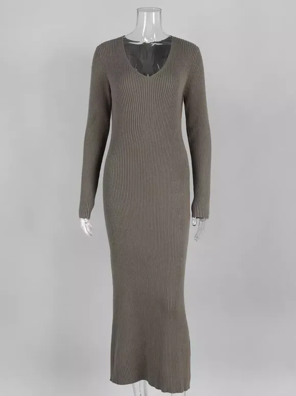 Robe pull maxi moulante à manches longues col en V et coupe ajustée en maille côtelée pour femme 2026