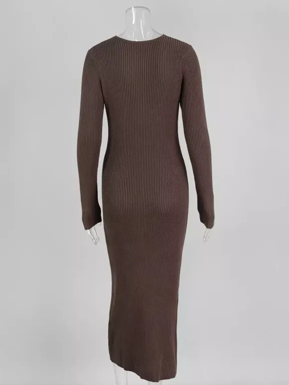 Robe pull maxi moulante à manches longues col en V et coupe ajustée en maille côtelée pour femme 2026