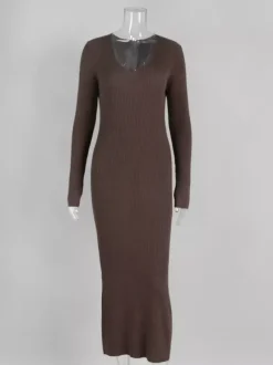 Robe pull maxi moulante à manches longues col en V et coupe ajustée en maille côtelée pour femme 2026