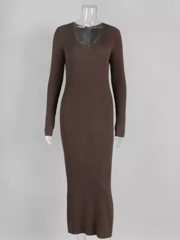 Robe pull maxi moulante à manches longues col en V et coupe ajustée en maille côtelée pour femme 2026