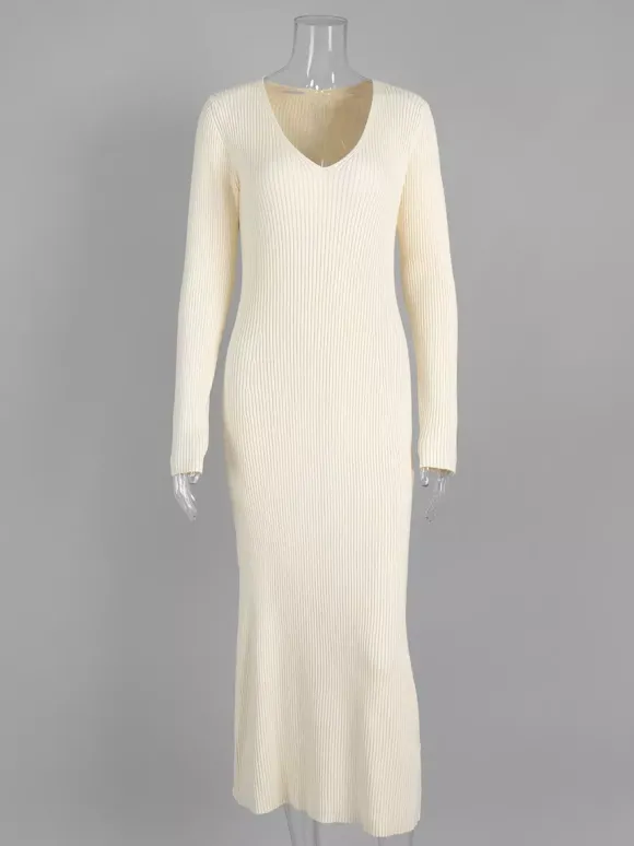 Robe pull maxi moulante à manches longues col en V et coupe ajustée en maille côtelée pour femme 2026