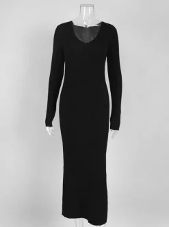 Robe pull maxi moulante à manches longues col en V et coupe ajustée en maille côtelée pour femme 2026
