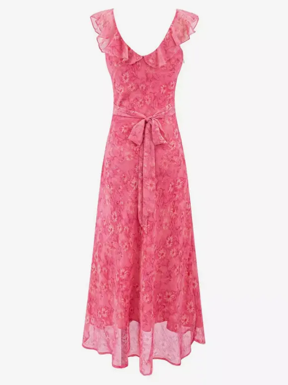 Robe rouge sans manches à col en V et taille haute ornée de volants idéale au quotidien.