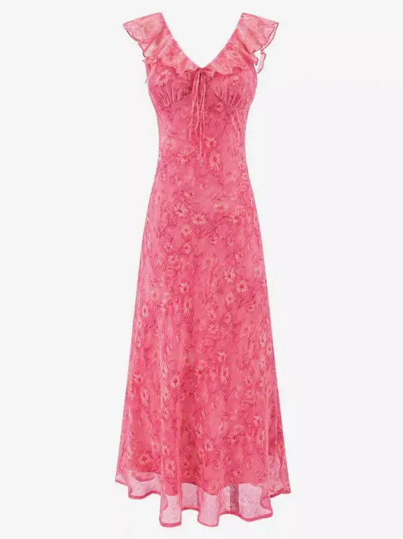 Robe rouge sans manches à col en V et taille haute ornée de volants idéale au quotidien.