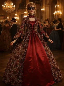 Robe Royal Costume Robe Rococo Baroque Opéra Dentelle Volant Robe de Soirée Vintage Déguisements Halloween Bourgogne