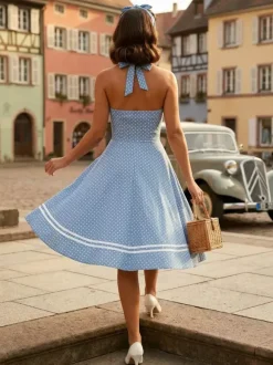 Robe rétro glamour années 50 à carreaux aquatiques dos nu boutons sans manches décolleté c艙ur taille M style rockabilly
